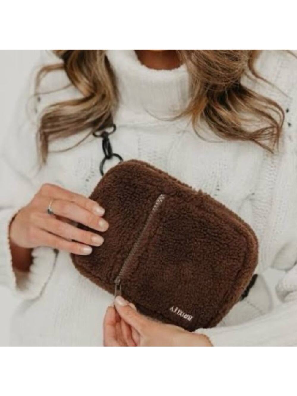 Brixton “Bison” Dark Brown Sherpa Crossbody Bag with Black Branded Strap